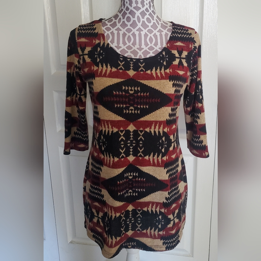 Pink Blush Women's Aztec Tribal Geometric Embroidered Sweater Blouse, Sz M